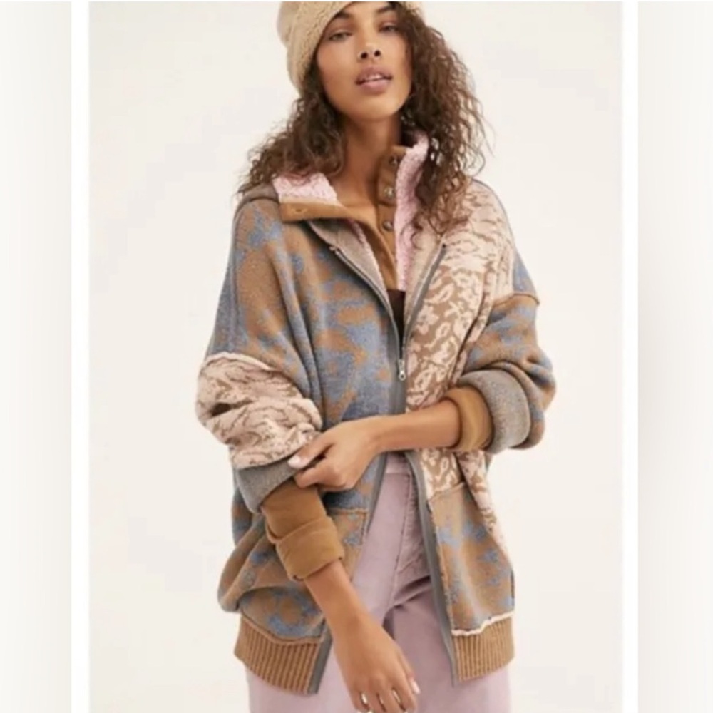 Free People In Bloom Hooded Sweater Cardigan Zip Hoodie Tan Brown Pink Blue XS